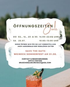 Öffnungszeiten im JULI Öffnungszeiten Wein-Eck Bad Brückenau im Juli 2026 mit Hinweis auf unser Sommerfest am 01.08. SAVE THE DATE!